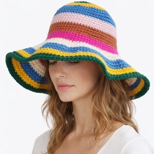 Handmade Crochet Knit Floppy Hat Rainbow Striped Boho Festival Wide Brim